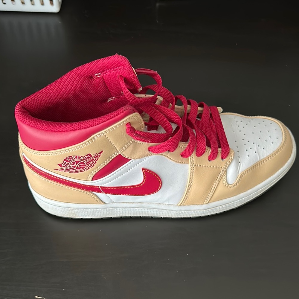 Nike Red and Tan Sneakers with High-Top Design and Iconic Swoosh